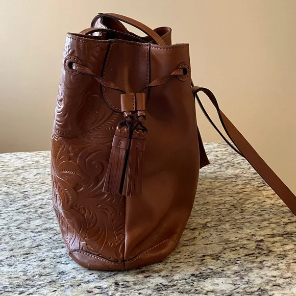 Patricia Nash Embossed Leather Large Tote Brown Tooled Floral Suede Shoulder Bag - Picture 3 of 17